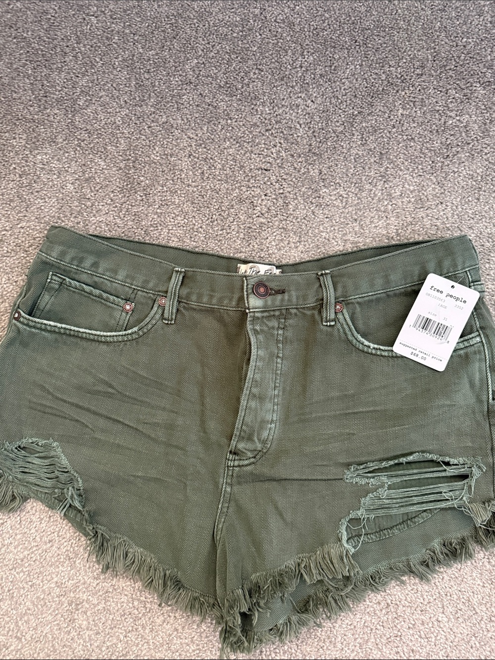 Free People Olive Distressed Frayed Hem Denim Shorts
